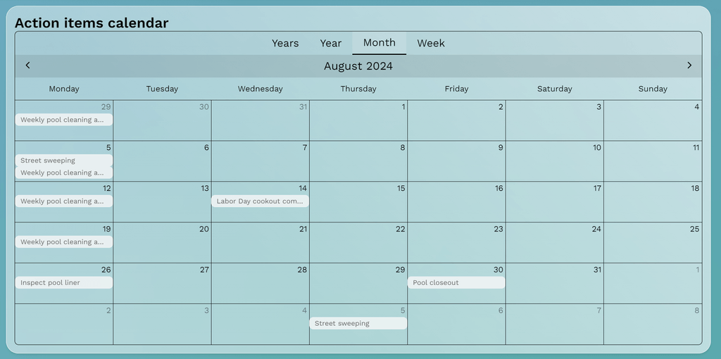 Screen capture of Solume's action items calendar interface, displaying a monthly view with scheduled tasks like maintenance, inspections, and events. Features include a date picker and options to filter and sort tasks, emphasizing easy scheduling and tracking of essential community activities.