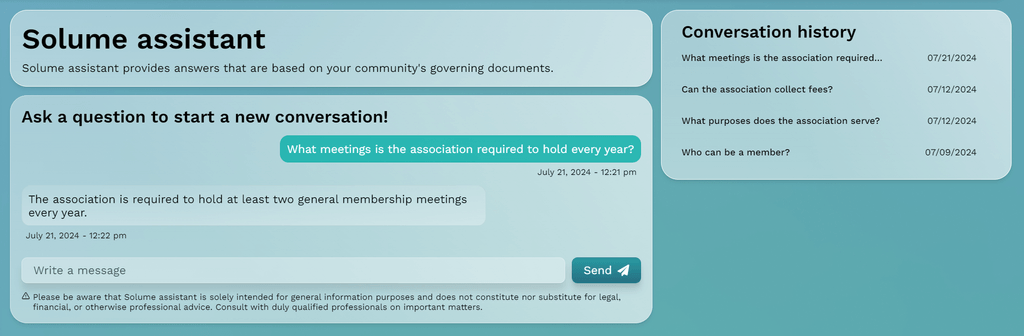 Screen capture of the Solume assistant interface, showing a chat window where users can ask questions about HOA governing documents and receive instant answers. Includes a conversation history panel, emphasizing AI-driven support for board members and managers.
