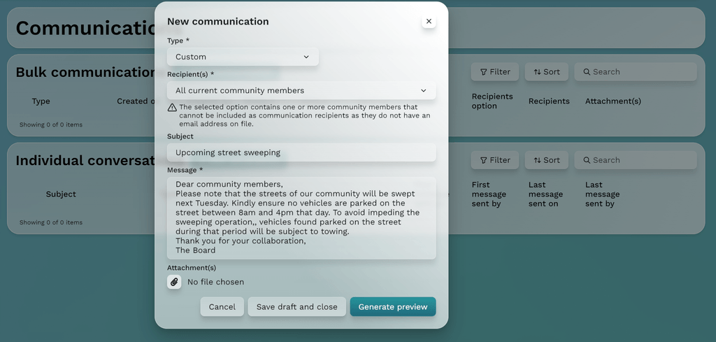 Screen capture of Solume's centralized community member communication interface, showing a new communication form for notifying members via email of important upcoming events and deadlines. Features include options for selecting recipient groups, composing messages, and tracking message engagement, emphasizing efficient and clutter-free community communication management.