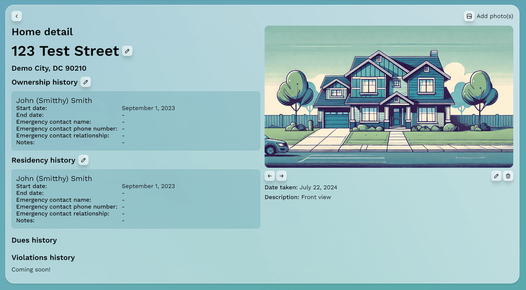 Screen capture of Solume's comprehensive homes database interface, displaying detailed information for a specific home, including address, ownership history, and a photo gallery of the home. Emphasizes the ability to manage home records efficiently and keep track of essential details easily.