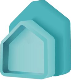 Small, light teal abstract house stacked in front of a medium-sized, medium teal abstract house