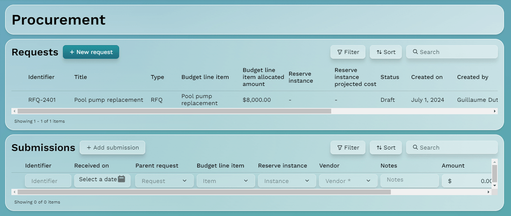 Screen capture of Solume's procurement interface, showing sections for managing requests and submissions. Features include options to add new requests, filter, sort, and search by budget line item, reserve instance, and vendor information, emphasizing streamlined vendor procurement and management.