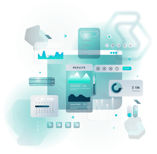 Illustration showcasing Solume HOA management software interface with various interactive elements like a dashboard, graphs, calendar, and financial results, highlighting the comprehensive and seamless management capabilities of the software.